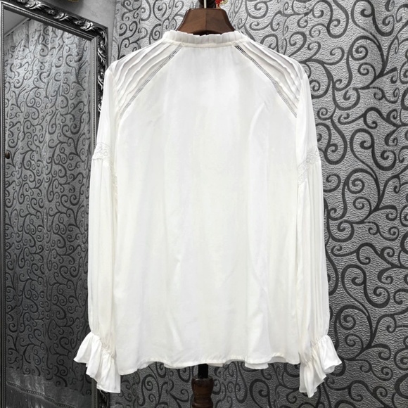 Boho White frill neck button down long sleeve top - Picture 9 of 10